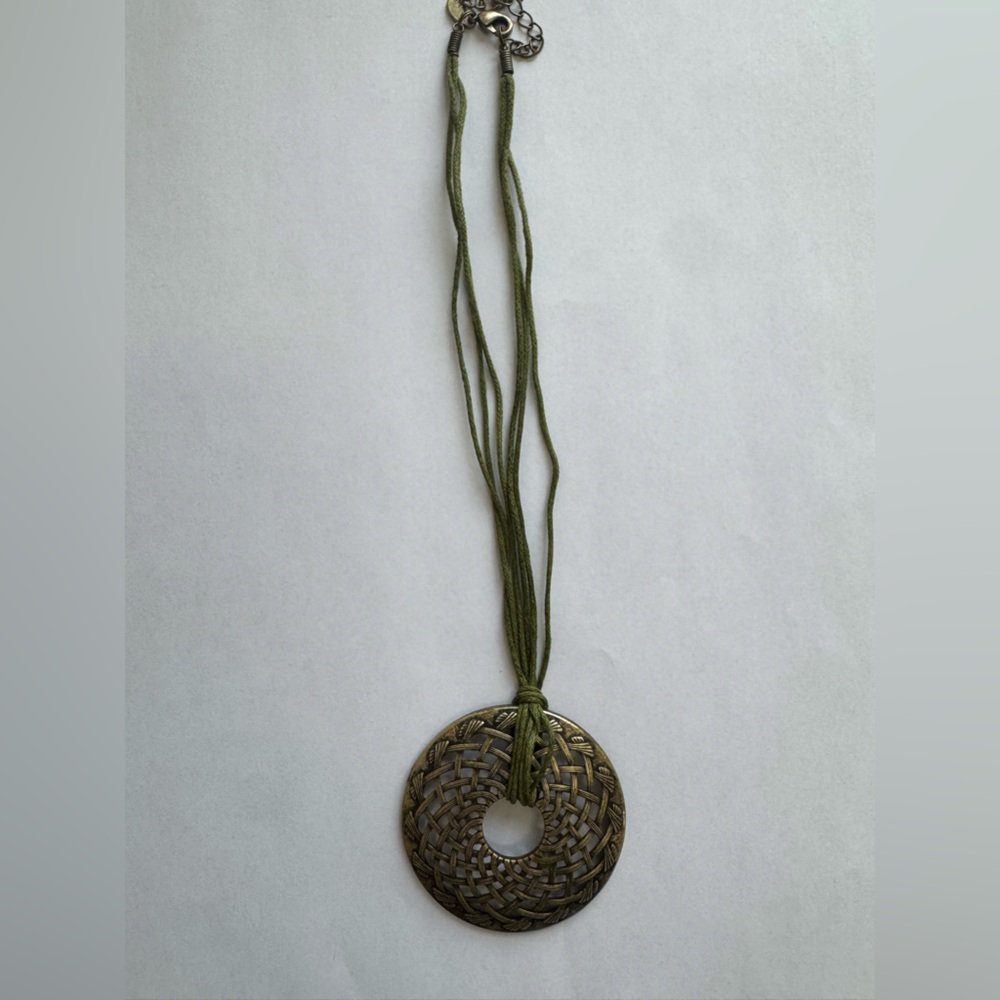 Lia Sophia Boho Woven Disc Statement Necklace Brass Tone Green Cord